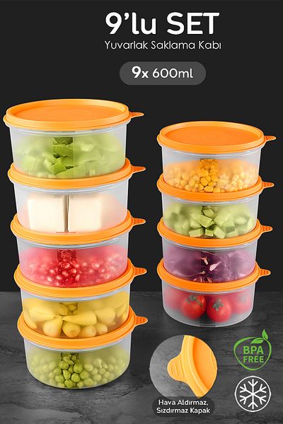 Meleni Home Round Food Storage Set of 9 - Food Organizer Orange 9X600Ml Container