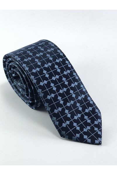 PİERRONİ Navy Blue Patterned Slim Tie