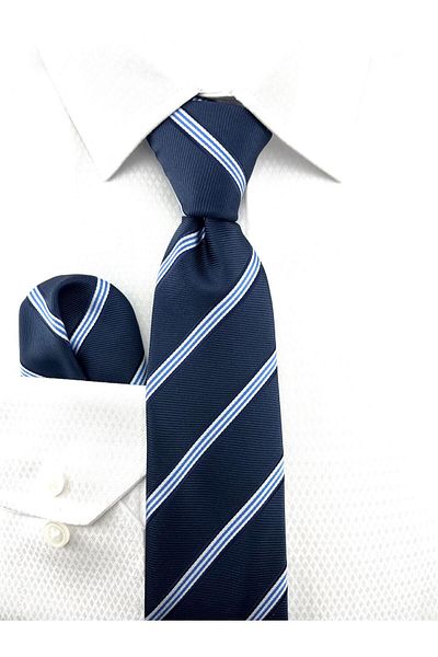 PİERRONİ Navy Blue Striped Model Handkerchief Tie