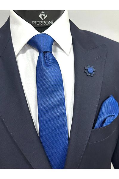PİERRONİ Saks Blue Tie Handkerchief Collar Blossom Combination Set