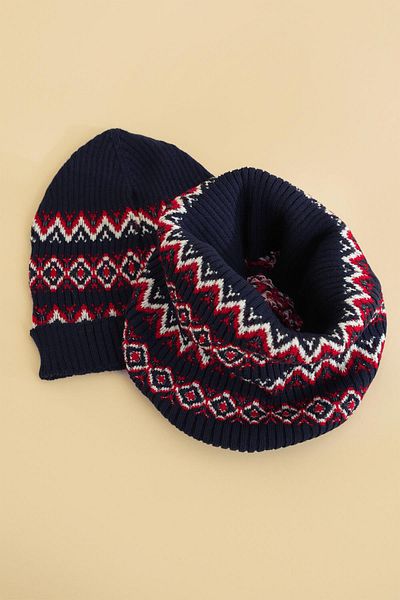 CHUBA Navy Blue Children's Patterned Neck Collar Scarf and Beanie Set - Chkıds102