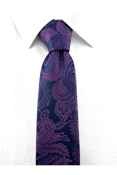 PİERRONİ Plum Navy Blue Shawl Patterned Handkerchief Tie