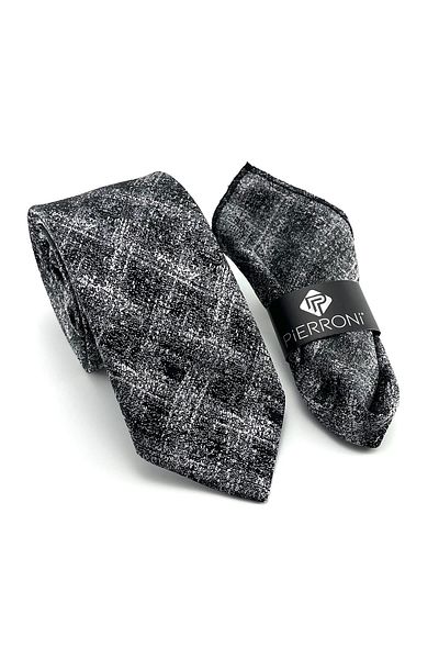 PİERRONİ Gray Black Patterned Handkerchief Tie