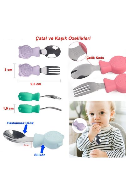 jojobebek Premium Children's Bpa Free Quality Silicone Handle Stainless Steel Tip Fork-Spoon / Green