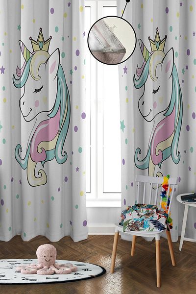 Doruklar Home Collection Digital Printing Washable Unicorn Pattern 2 Wings Baby and Children's Room Background Curtain