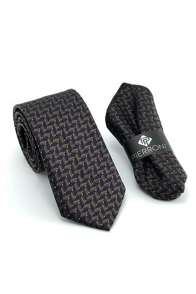 PİERRONİ Brown Navy Blue Patterned Handkerchief Tie