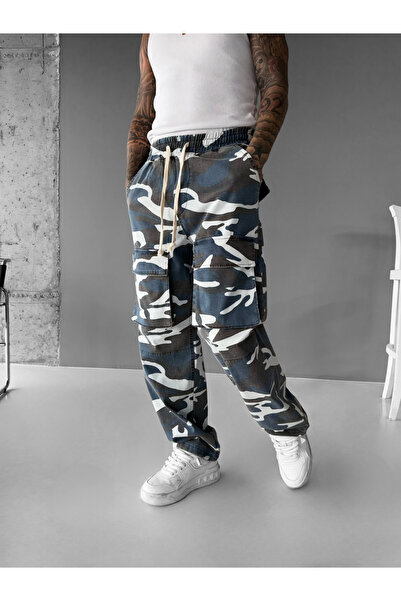 ablukaonline Erkek Baggy Fit Kamuflaj Kargo Pantolon Mavi