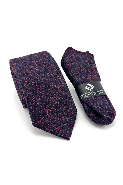 PİERRONİ Dark Navy Blue Burgundy Patterned Handkerchief Tie