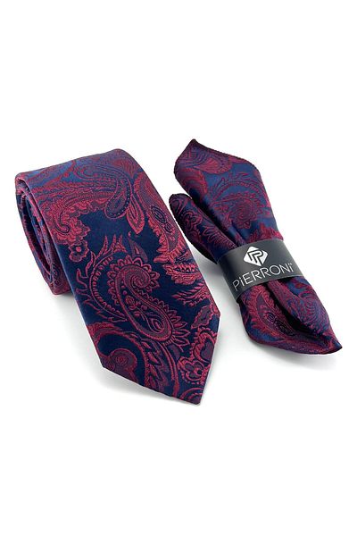 PİERRONİ Burgundy Navy Blue Shawl Patterned Handkerchief Tie