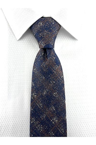 PİERRONİ Navy Blue Brown Patterned Handkerchief Tie