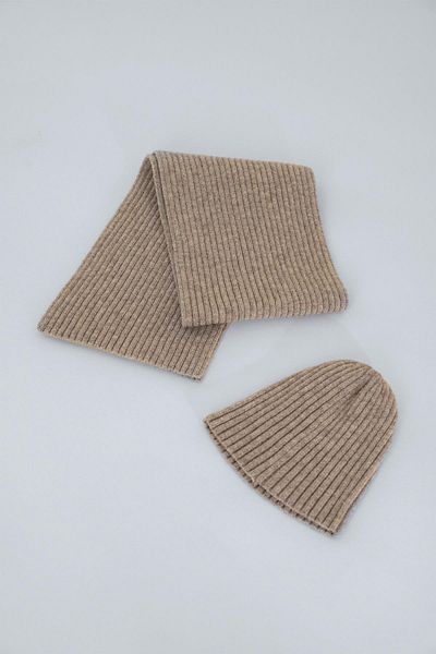 CHUBA Children's Soft Button Ribbed Scarf Beanie Set 3-6 Years Light Brown Chkıds101