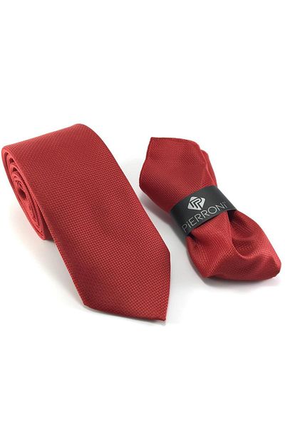 PİERRONİ Plain Red Oxford Pattern Handkerchief Tie
