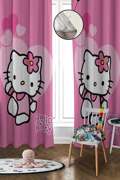 Doruklar Home Collection Digital Printing Washable Hello Kitty Pattern 2 Wings Baby and Children's Room Background Curtain