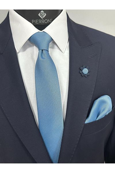 PİERRONİ Blue Tie Handkerchief Collar Flower Combination Set