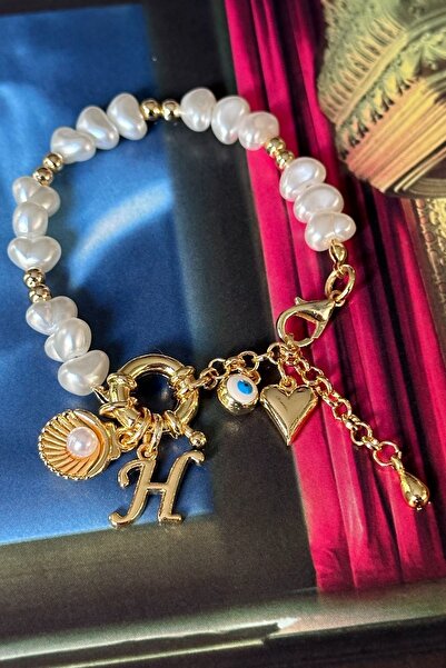 Trendy Butik حرف H سوار اللؤلؤ نموذج المحار والعين الشريرة والقلب المتدلي تصم...