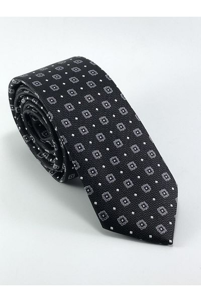 PİERRONİ Black Gray Patterned Slim Tie