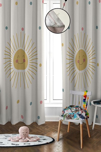 Doruklar Home Collection Digital Printing Washable Sun Pattern 2 Wings Baby and Children's Room Background Curtain
