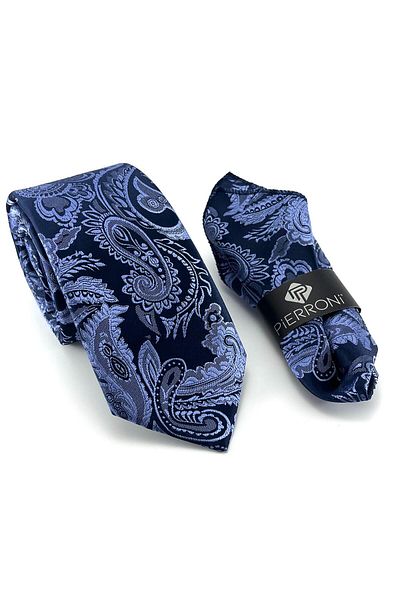 PİERRONİ Blue Navy Blue Shawl Patterned Handkerchief Tie