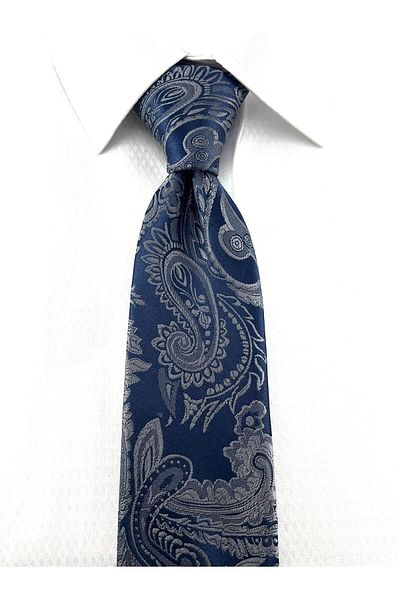 PİERRONİ Gray Navy Blue Shawl Patterned Handkerchief Tie