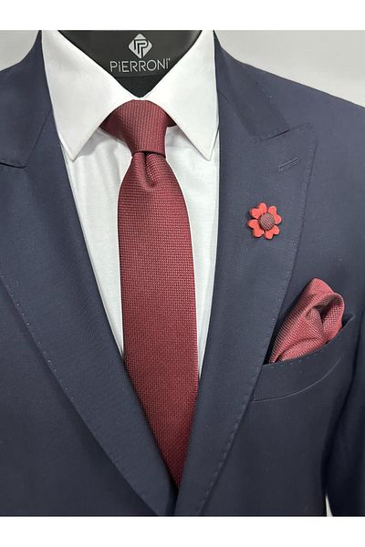 PİERRONİ Burgundy Tie Handkerchief Collar Flower Combination Set
