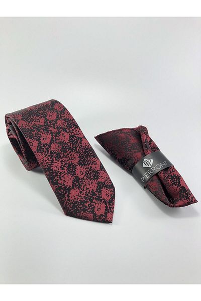 PİERRONİ Black Burgundy Pattern Handkerchief Tie