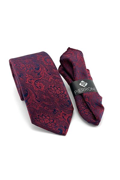 PİERRONİ Light Burgundy Navy Blue Patterned Handkerchief Tie