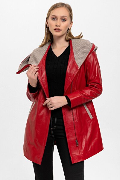 Deriderim Red Julia Knitwear Hooded Belt Genuine Women's Leather Coat