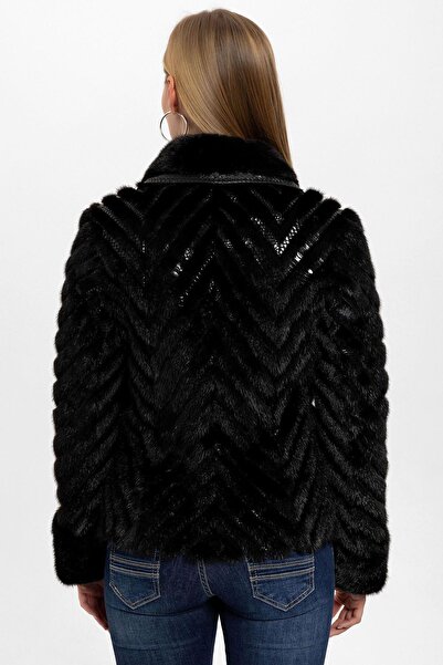 Deriderim Siyah Jilda Düğmel Kürklü Kadın Hakiki Deri Kaban