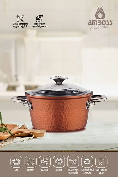 Amboss One Piece Cast 24 cm Titanium Coated Deep Pot - Glass Lid