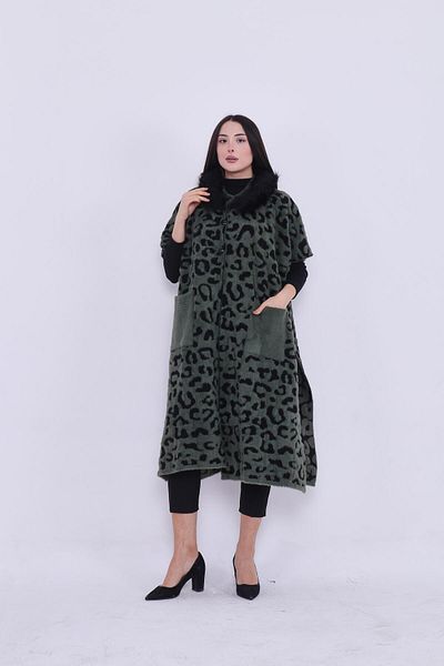 Uludağ Triko Women's Khaki Half Sleeve Double Pocket Fur Poncho