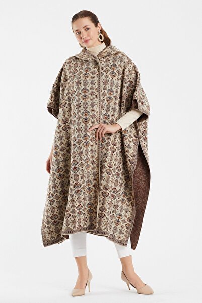 Uludağ Triko Stone Flower Patterned Hooded Poncho