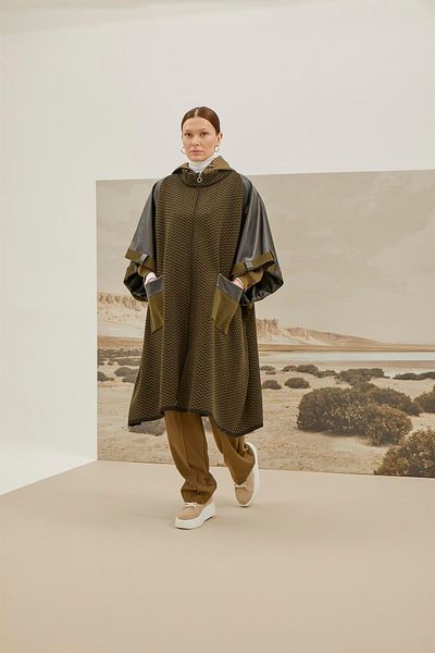 Uludağ Triko Khaki Women's Poncho - Leather Detailed and Zippered