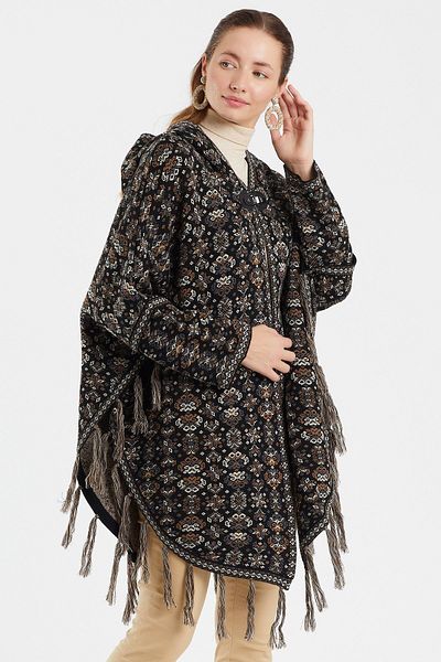 Uludağ Triko Black Floral Patterned Kilim Poncho