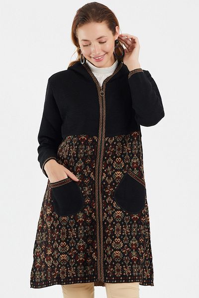 Uludağ Triko Cardigan Kilim cu glugă cu buzunar argintiu pentru femei