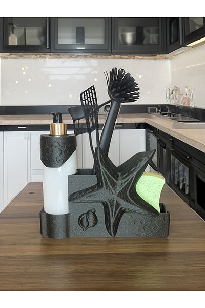 yadatech Ocean Themed Liquid Soap Dispenser and Sponge Holder - Bathroom and Kitchen Set with Brush