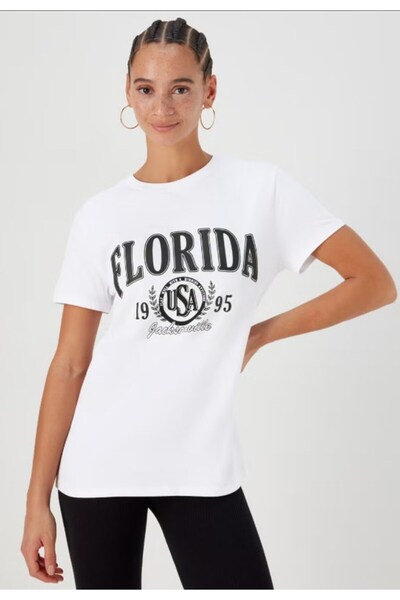 Kübra Tekstil Γυναικείο μπλουζάκι 100% βαμβακερό λευκό Florida με στάμπα 2731