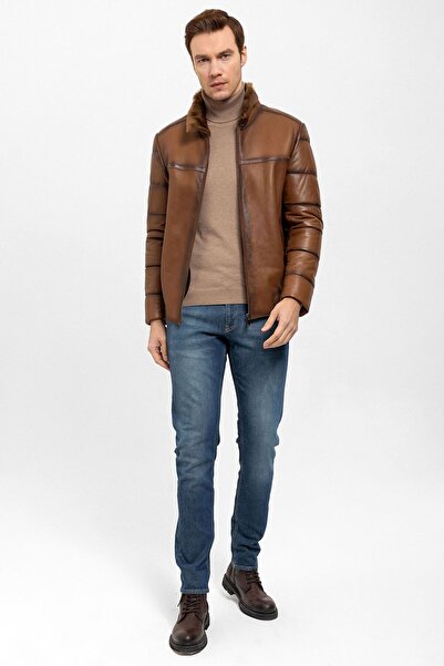 Deriderim Konyak Dielo Fermuarlı Beli Deri Lastikli Astarsız Erkek Hakiki Deri Kürk Kaban