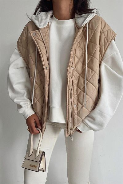 msendam Women's Quilted Hooded Zippered Oversize Puffer Vest Beige