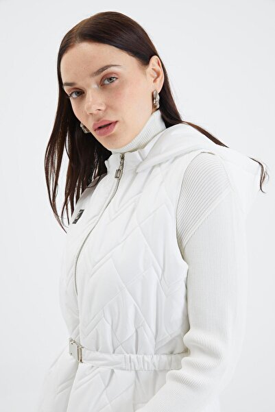 Zühre Hooded Long Quilted Ecru Puffer Vest Y-0060