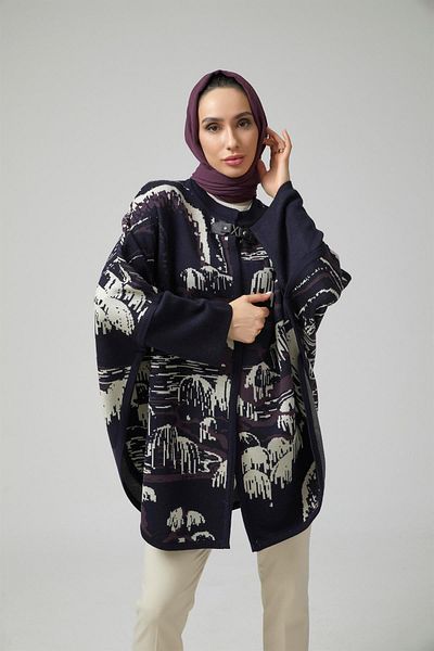Uludağ Triko Women's Navy Blue Tree Pattern Poncho