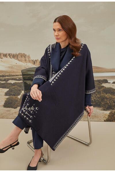 Uludağ Triko Women's Navy Blue Ethnic Patterned Poncho