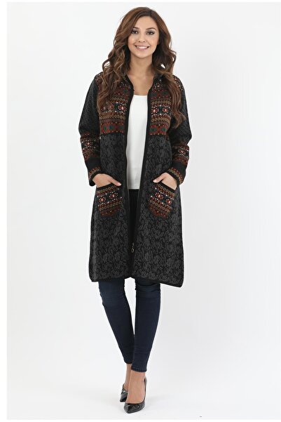 Uludağ Triko Women's Black Patterned Hooded Cardigan