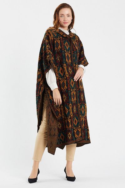 Uludağ Triko Black Kilim Pattern Hooded Poncho