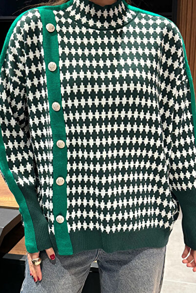 GÜLSELİ Emerald Green Women's Half Turtleneck Button Detailed Knitwear Sweater