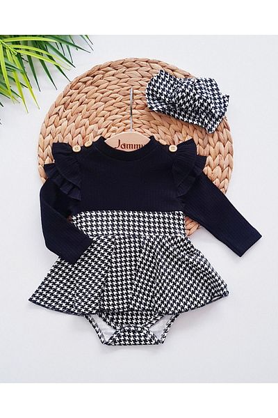 Jammybaby Houndstooth Print Shoulder Ruffle Baby Girl 100% Cotton Camisole Bell Cut Dress Bandana Set