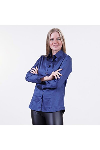 Exve Exclusive Ocean Blue Elegant Basic Plain Single Color Long Sleeve Women's Shirt