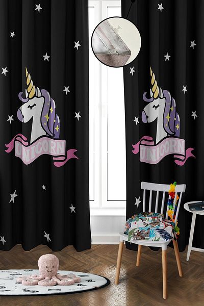 Doruklar Home Collection Digital Printing Washable Unicorn Pattern 2 Wings Baby and Children's Room Background Curtain