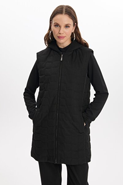 Zühre Hooded Quilted Patterned Black Vest Blouse Double Suit Tk-1347