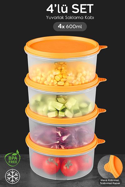Meleni Home Orange Round Food Storage Set of 4 - Food Container 4X600Ml Organizer Organizer