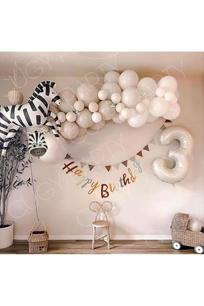 CUGY Retro Sea Sand White Color Zebra Figured Birthday Party Celebration Set with 3 Age Options